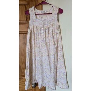 Eileen West Sleeveless White Pink Floral Nightgown Pajamas Size M 100% Cotton